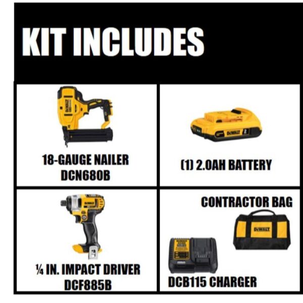 20V MAX XR Lithium-Ion 18-Gauge Cordless Brad Nailer Kit, 1/4 in. Impact Driver, (1) 2.0Ah Battery, and Charger - Image 2