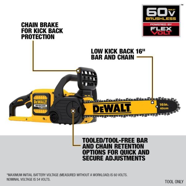 DCCS670B VOLT 60V MAX 16in. Brushless Cordless Battery Powered Chainsaw (Tool Only) - Image 4