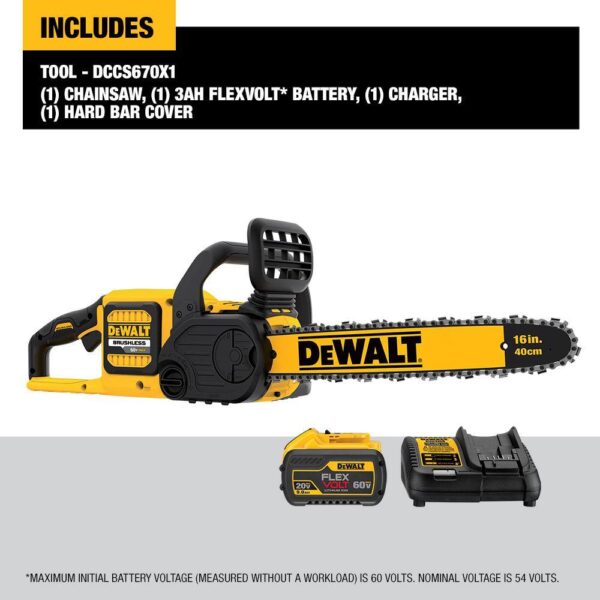 FLEXVOLT 60V MAX 16in. Brushless Cordless Battery Powered Chainsaw Kit with (1) FLEXVOLT 3 Ah Battery   Charger - Image 2