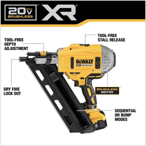 DCN692M1 20V MAX XR Lithium-Ion Cordless Brushless 2-Speed 30° Paper Collated Framing Nailer with 4.0Ah Battery and Charger - Image 3