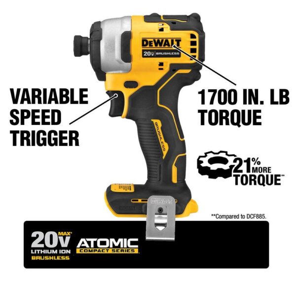 DCF809D1WDCB205 ATOMIC 20V MAX Lithium-Ion Brushless Cordless Compact 1/4 in. Impact Driver with 2Ah and 5Ah Batteries, Charger and Bag - Image 10
