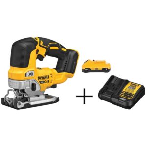 20V MAX XR Cordless Brushless Jigsaw, (1) 20V MAX Compact Lithium-Ion 3.0Ah Battery, and 12V-20V MAX Charger