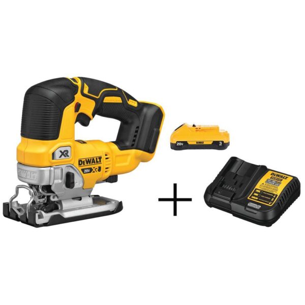 20V MAX XR Cordless Brushless Jigsaw, (1) 20V MAX Compact Lithium-Ion 3.0Ah Battery, and 12V-20V MAX Charger