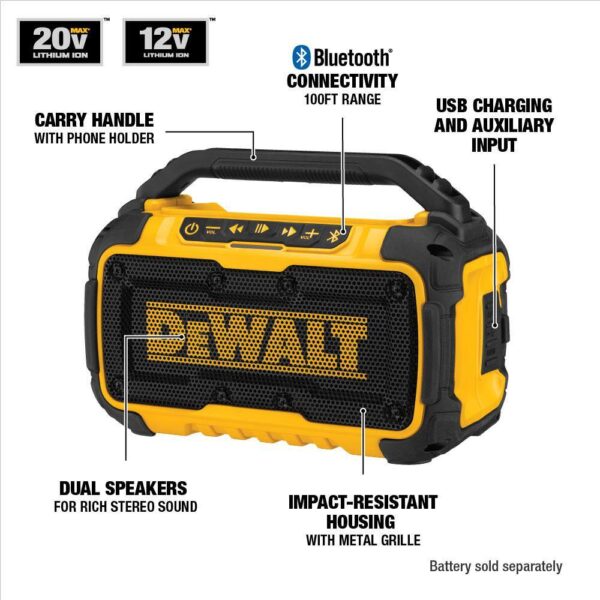 DCR010WDCB230C 20V MAX Bluetooth Speaker, (1) 20V MAX Compact Lithium-Ion 3.0Ah Battery, and 12V-20V MAX Charger - Image 3