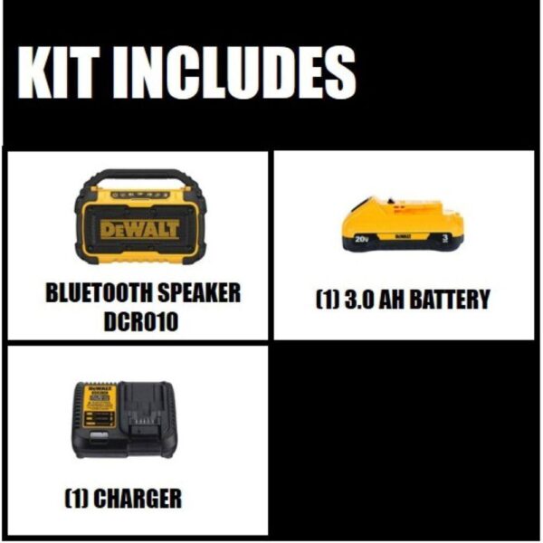 DCR010WDCB230C 20V MAX Bluetooth Speaker, (1) 20V MAX Compact Lithium-Ion 3.0Ah Battery, and 12V-20V MAX Charger - Image 2