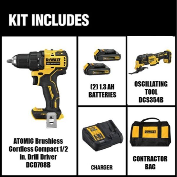 DCD708C2W354B ATOMIC 20V MAX Cordless Brushless Compact 1/2 in. Drill/Driver, 20V Oscillating Tool, and (2) 20V 1.3Ah Batteries - Image 2