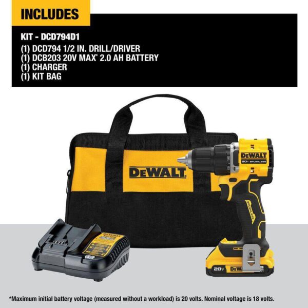 DCD794D1 ATOMIC 20-Volt Lithium-Ion Cordless Compact 1/2 in. Drill/Driver Kit with 2.0Ah Battery, Charger and Bag - Image 12