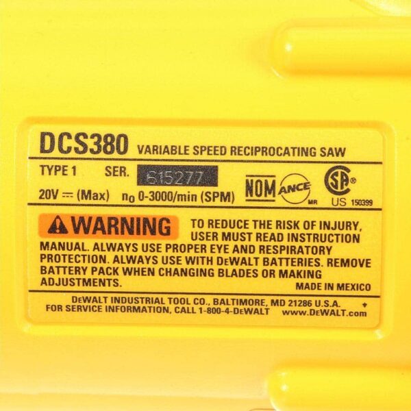DCS380B 20V MAX Cordless Reciprocating Saw (Tool Only) - Image 7