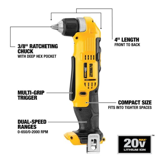 DCB230CW740B 20V MAX Cordless 3/8 in. Right Angle Drill/Driver and (1) 20V 3.0Ah Battery and Charger - Image 3