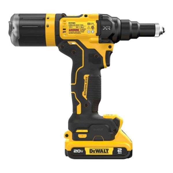 DCF403D1 20-Volt Maximum XR Lithium-Ion Brushless Cordless 3/16 in. Rivet Tool Kit with two 2.0Ah Batteries, Charger and Bag - Image 2
