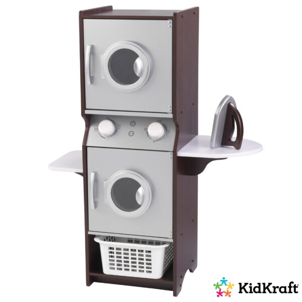 Wooden Laundry Play Set, Stacking Washer and Dryer with Iron and Basket, Espresso - Image 6