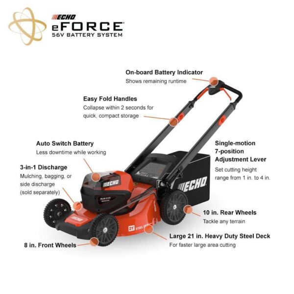 eFORCE 21 in. 56-Volt Cordless Battery Walk Behind Push Lawn Mower with 5.0 Ah Battery and Standard Charger - Image 2
