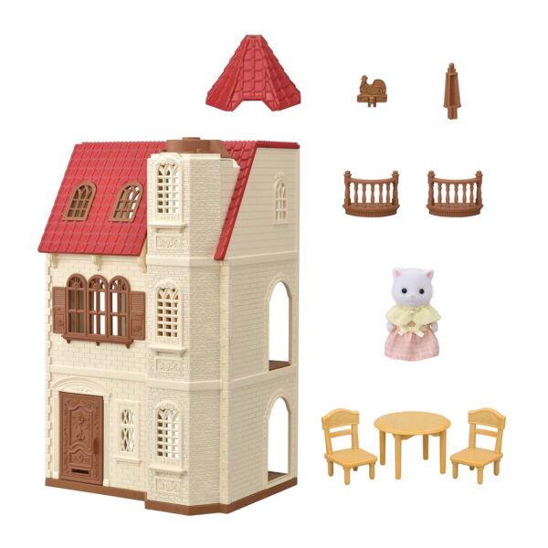 Red Roof Tower Home, 3 Story Dollhouse Playset with Figure, Furniture and Accessories - Image 3