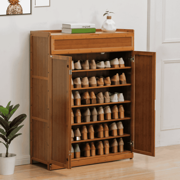 MoNiBloom Bamboo 7 Tier Organizer Cabinet with Folding Door, 35 Pairs of Shoes Rack, Brown, for Home - Image 4