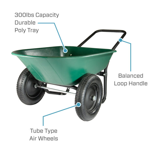 Marathon Yard Rover 2 Tire Wheelbarrow Utility Cart for Garden, Green - Image 2