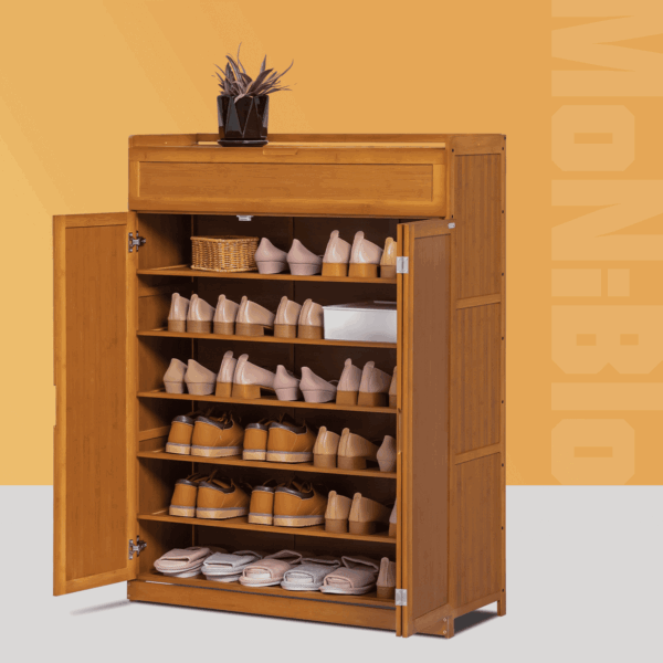 MoNiBloom Bamboo 7 Tier Organizer Cabinet with Folding Door, 35 Pairs of Shoes Rack, Brown, for Home - Image 10