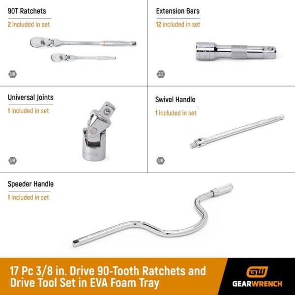 1006452353 3/8 in. Drive 90-Tooth Ratchets and Drive Tool Set in EVA Foam Tray (17-Piece) - Image 2