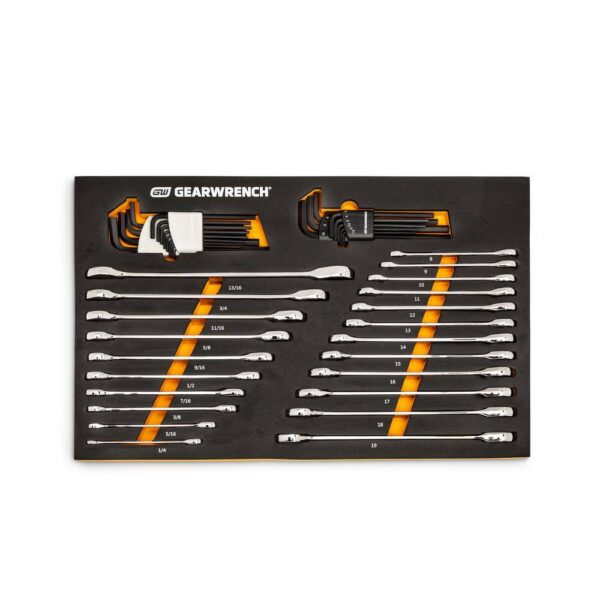1008245829 44pc 90T SAE/Metric Combination Ratcheting Wrench   Long Arm Hex Key Set with EVA Foam Tray