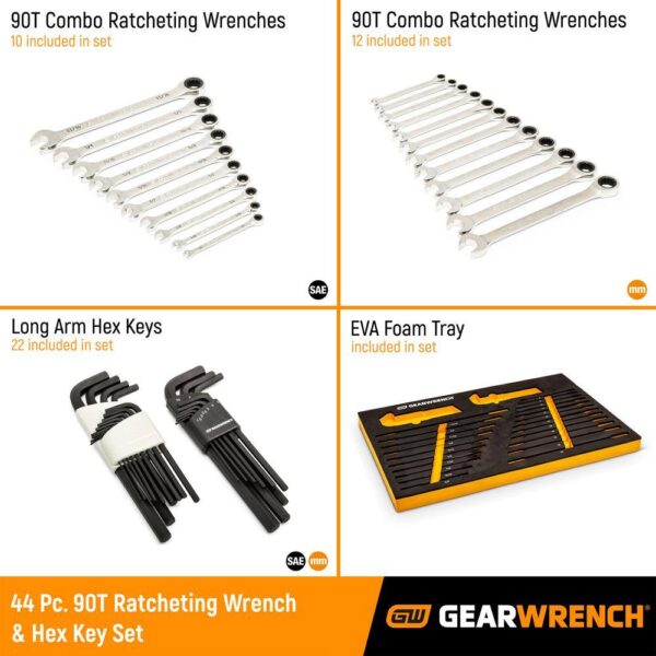 1008245829 44pc 90T SAE/Metric Combination Ratcheting Wrench   Long Arm Hex Key Set with EVA Foam Tray - Image 2