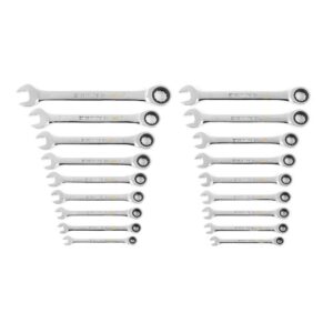 1006137126 SAE/MM 90-Tooth Pro Combination Ratcheting Wrench Tool Set with Tray (18-Piece)