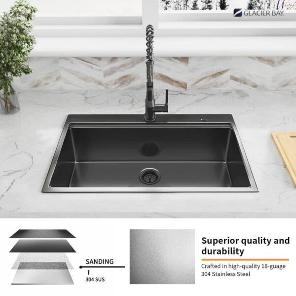 27 in Drop-In Single Bowl 18 Gauge Gunmetal Black Stainless Steel Workstation Kitchen Sink with Black Spring Neck Faucet - Image 11
