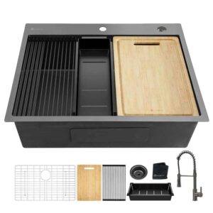 27 in Drop-In Single Bowl 18 Gauge Gunmetal Black Stainless Steel Workstation Kitchen Sink with Black Spring Neck Faucet