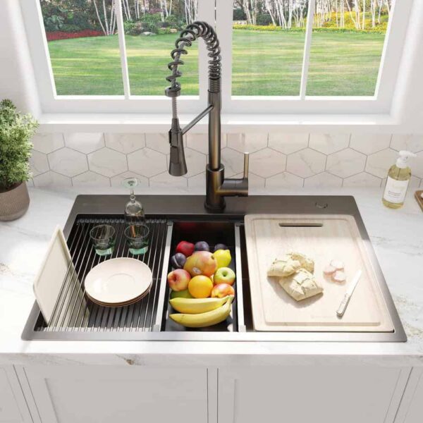 27 in Drop-In Single Bowl 18 Gauge Gunmetal Black Stainless Steel Workstation Kitchen Sink with Black Spring Neck Faucet - Image 2