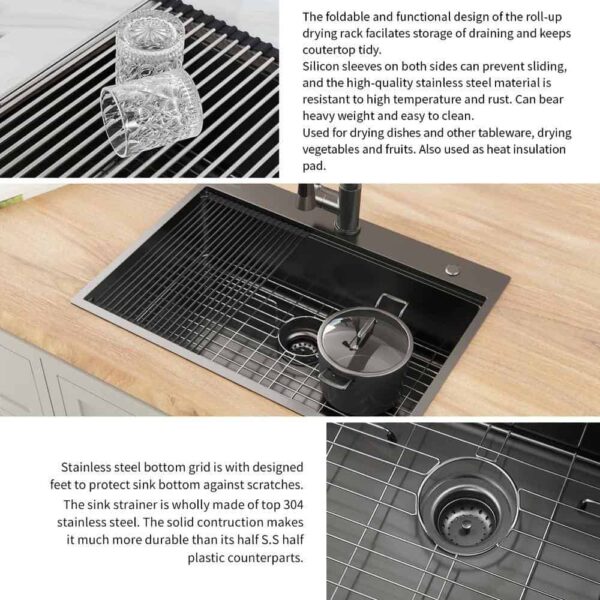 27 in Drop-In Single Bowl 18 Gauge Gunmetal Black Stainless Steel Workstation Kitchen Sink with Black Spring Neck Faucet - Image 12