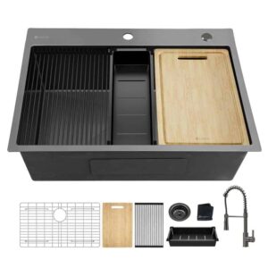 30 in Drop-In Single Bowl 18 Gauge Gunmetal Black Stainless Steel Workstation Kitchen Sink with Black Spring Neck Faucet