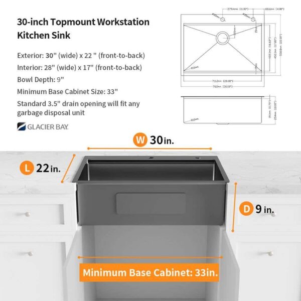 30 in Drop-In Single Bowl 18 Gauge Gunmetal Black Stainless Steel Workstation Kitchen Sink with Black Spring Neck Faucet - Image 7