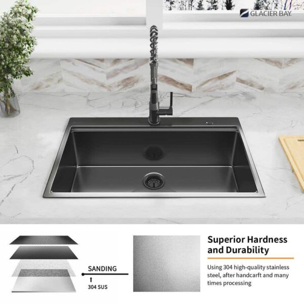 30 in Drop-In Single Bowl 18 Gauge Gunmetal Black Stainless Steel Workstation Kitchen Sink with Black Spring Neck Faucet - Image 12