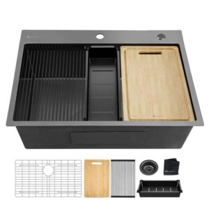 32 in. Drop-In Single Bowl 18 Gauge Gunmetal Black Stainless Steel Workstation Kitchen Sink