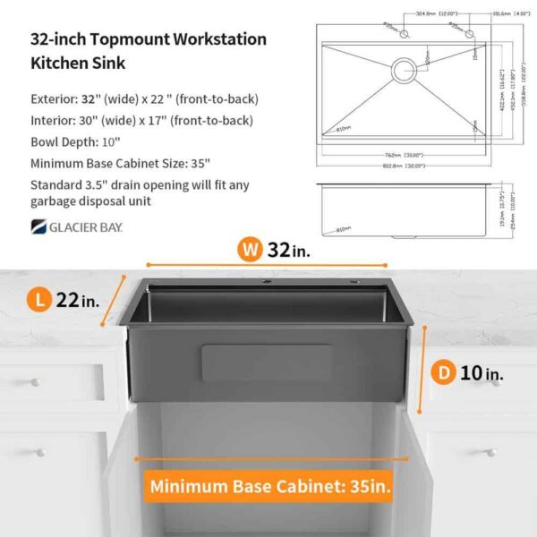 32 in. Drop-In Single Bowl 18 Gauge Gunmetal Black Stainless Steel Workstation Kitchen Sink - Image 6