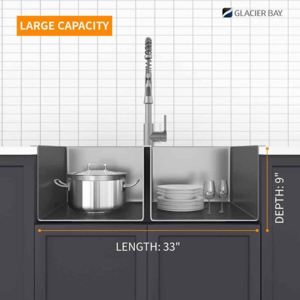 33 in. Drop-In Double Bowl 18 Gauge Gunmetal Black Stainless Steel Kitchen Sink with Black Spring Neck Faucet - Image 3