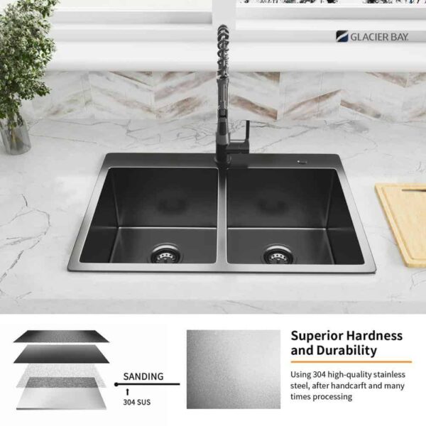 33 in. Drop-In Double Bowl 18 Gauge Gunmetal Black Stainless Steel Kitchen Sink with Black Spring Neck Faucet - Image 11