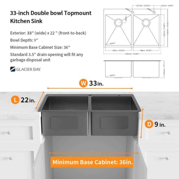 33 in. Drop-In Double Bowl 18 Gauge Gunmetal Black Stainless Steel Kitchen Sink with Black Spring Neck Faucet - Image 6
