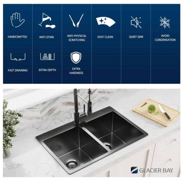 33 in. Drop-In Double Bowl 18 Gauge Gunmetal Black Stainless Steel Kitchen Sink with Black Spring Neck Faucet - Image 7