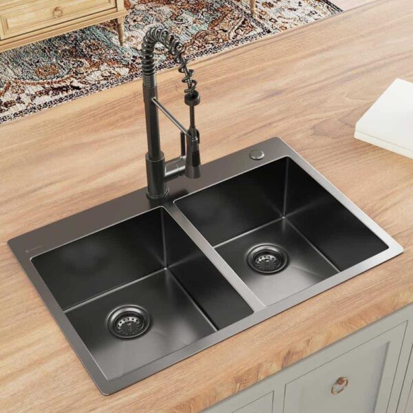 33 in. Drop-In Double Bowl 18 Gauge Gunmetal Black Stainless Steel Kitchen Sink with Black Spring Neck Faucet - Image 2