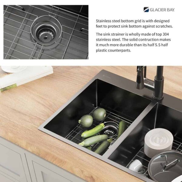 33 in. Drop-In Double Bowl 18 Gauge Gunmetal Black Stainless Steel Kitchen Sink with Black Spring Neck Faucet - Image 12