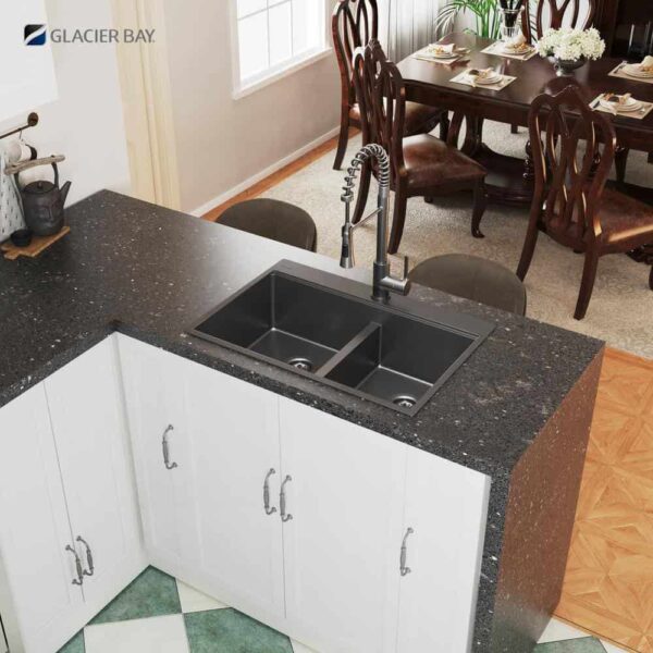 33 in. Drop-In Double Bowl 18 Gauge Gunmetal Black Stainless Steel Workstation Kitchen Sink - Image 14