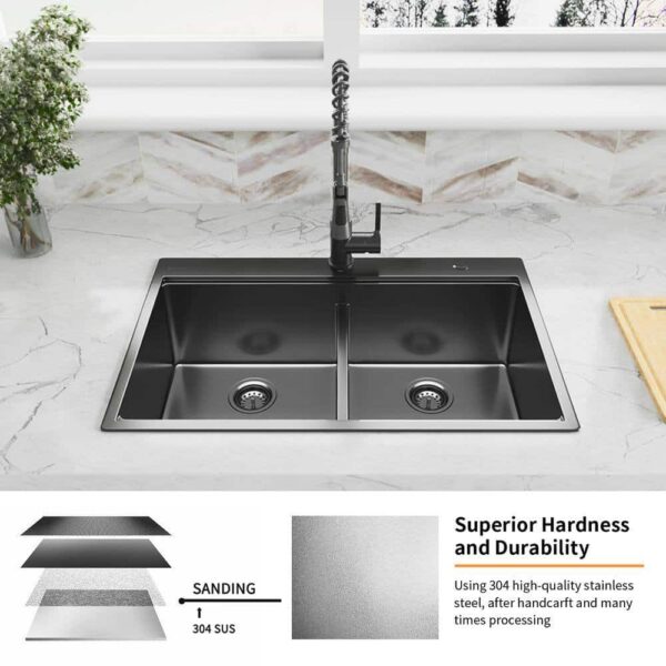 33 in. Drop-In Double Bowl 18 Gauge Gunmetal Black Stainless Steel Workstation Kitchen Sink - Image 11