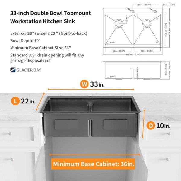 33 in. Drop-In Double Bowl 18 Gauge Gunmetal Black Stainless Steel Workstation Kitchen Sink - Image 6