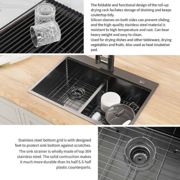 33 in. Drop-In Double Bowl 18 Gauge Gunmetal Black Stainless Steel Workstation Kitchen Sink - Image 12