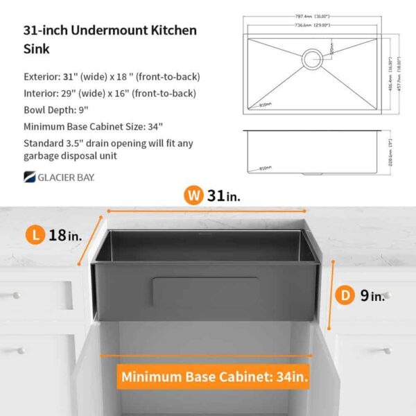 31 in. Undermount Single Bowl 18 Gauge Gunmetal Black Stainless Steel Kitchen Sink with Black Spring Neck Faucet - Image 6