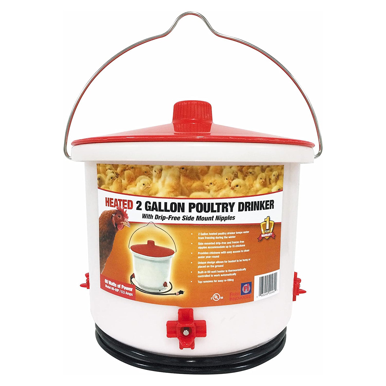 HB-60P Heated 2 Gallon Poultry Water Bucket Drinker, White/Red