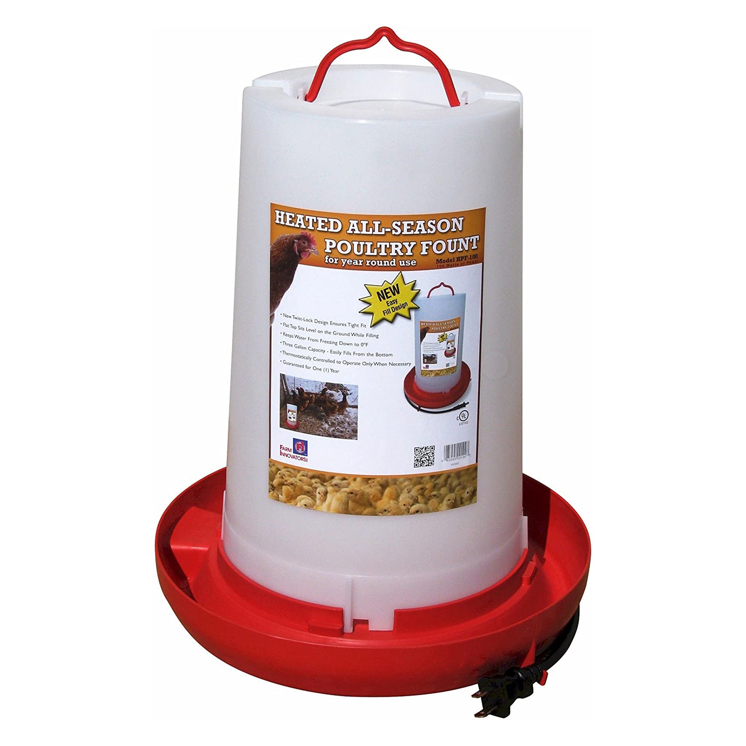 HPF-100 Heated 3 Gal Plastic Hanging Poultry Water Fountain, Red