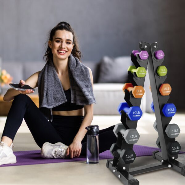 3, 5, 8, 10, 12 & 15 Pound Neoprene Hex Dumbbell Weight & Storage Rack - Image 4