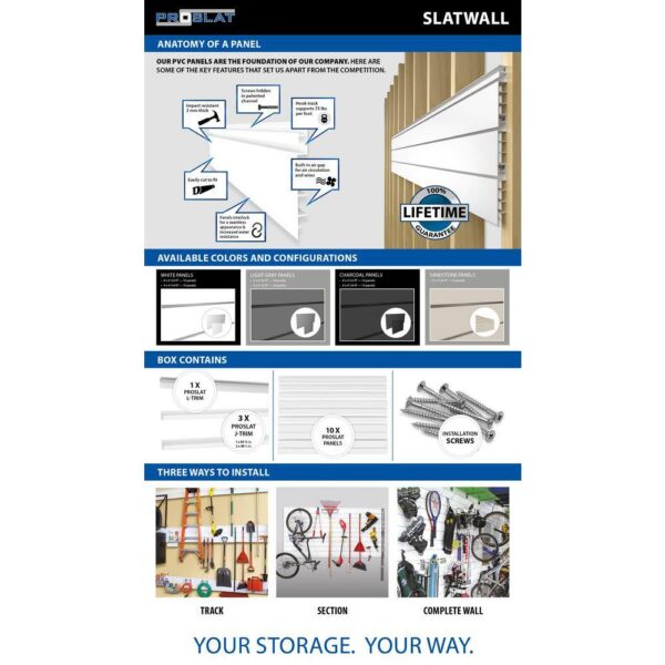 Proslat 33013 PVC Slatwall 8 ft. x 4 ft. Light Gray Hook Kit Bundle (20-Piece) - Image 3