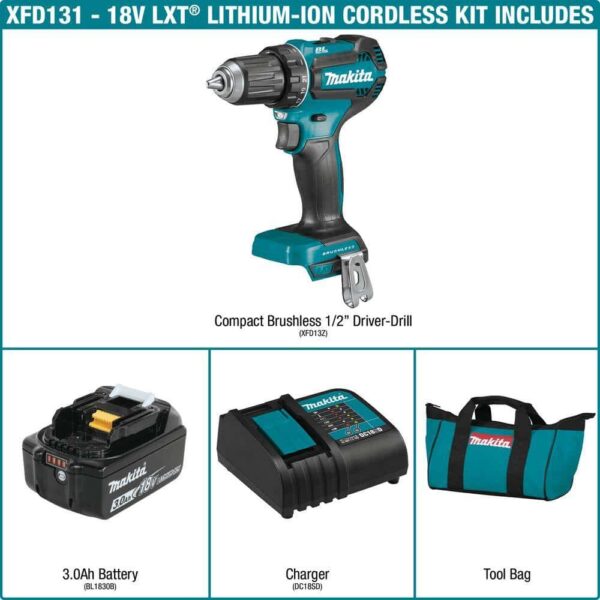 XFD131 18V LXT Lithium-Ion Brushless Cordless 1/2 in. Driver-Drill Kit, 3.0Ah - Image 2