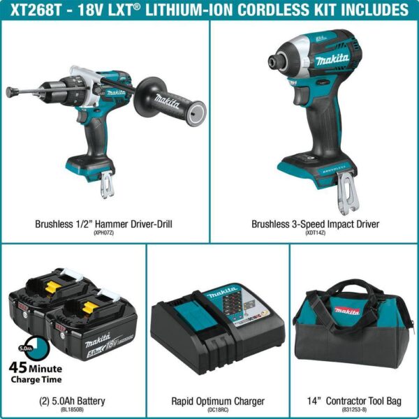 XT268T 18-Volt LXT 5.0Ah Lithium-ion Brushless Cordless Combo Kit 2-Piece (Hammer Drill/Impact Driver) - Image 2